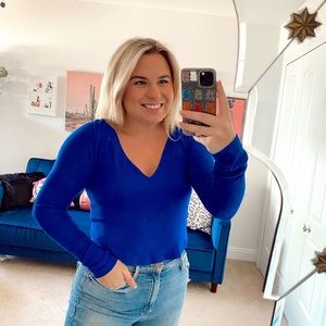 free people royal blue cropped long sleeve blouse